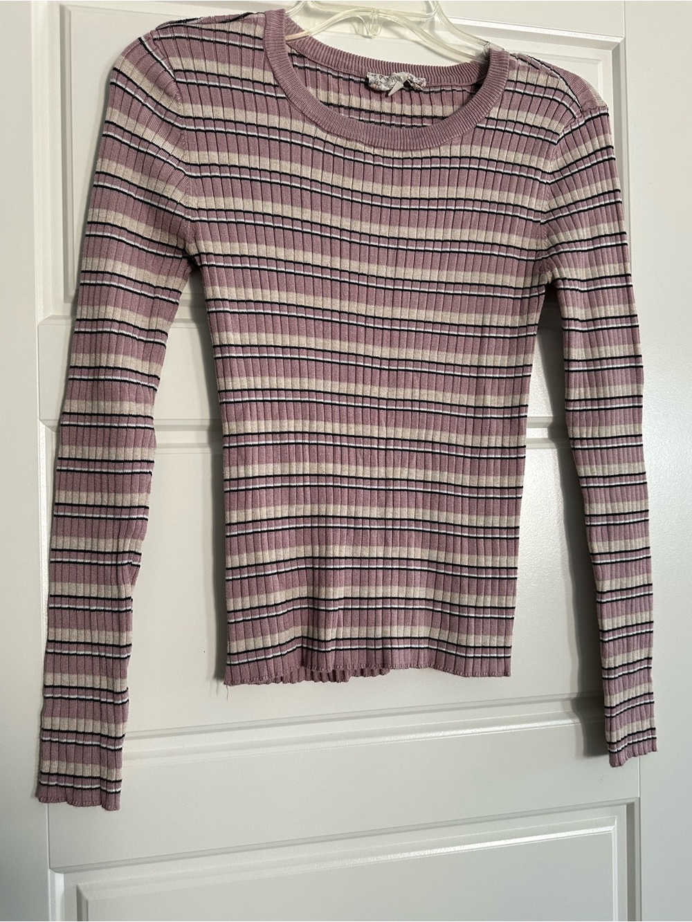 Pink Republic Ribbed Long-Sleeve Striped Top in Mauve, Cream, and Black